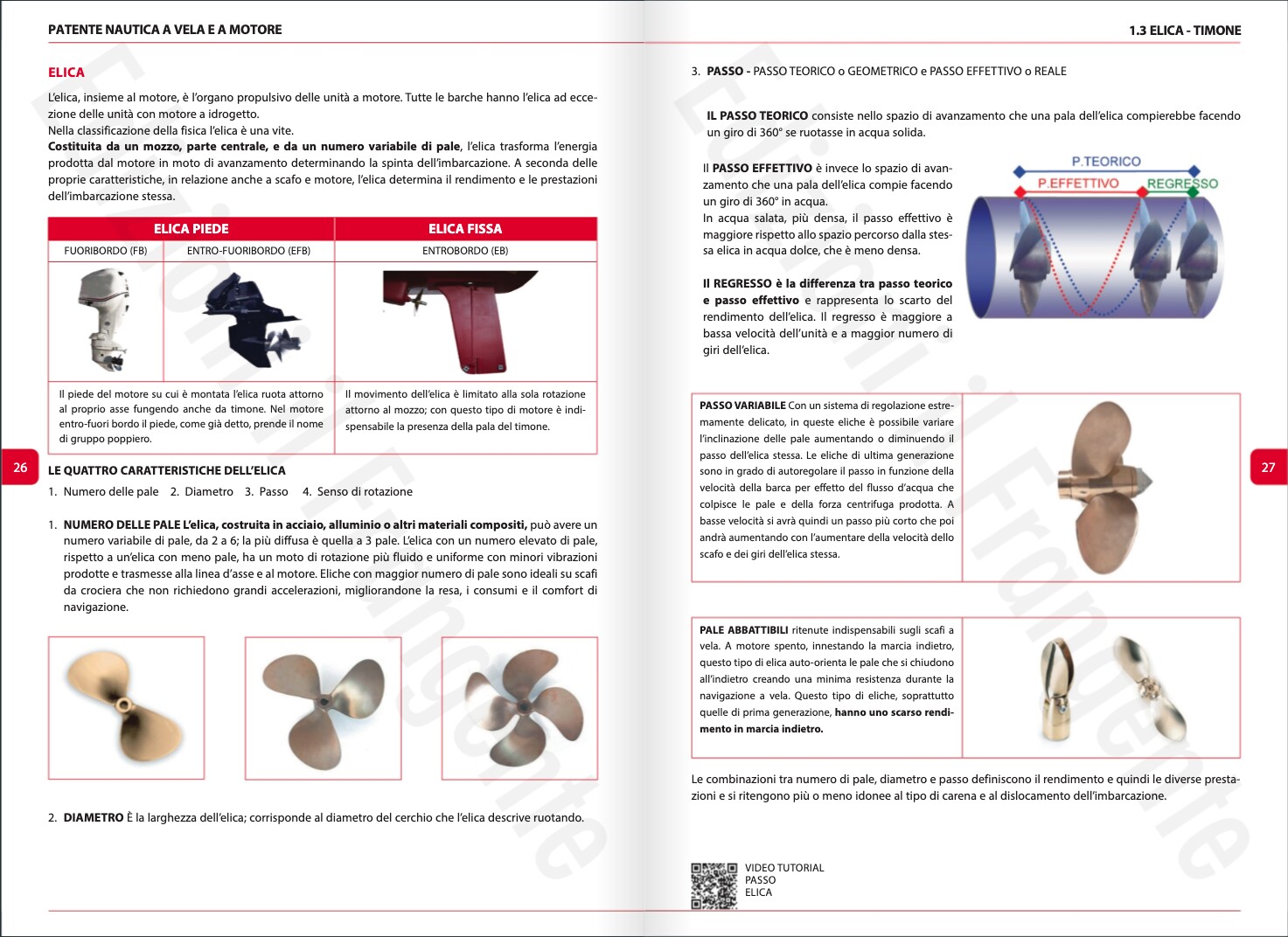 Doppia pagina reale del manuale dedicata a elica e timone, con la filigrana presente nella versione digitale
